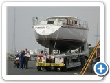 Sabbatical III arrives dockside on a truck from the factory (La Rochelle, France)