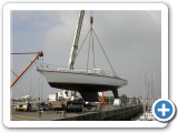 Sabbatical III (without mast) about to enter the water for the first time (La Rochelle, France)